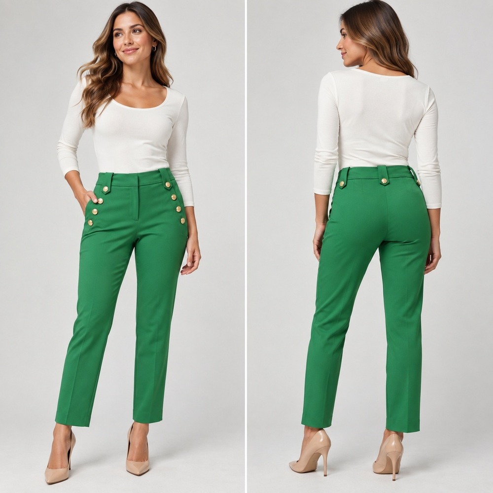 White House Black Market Jolie Green Sailor Straight Leg Pants Gold Buttons 6